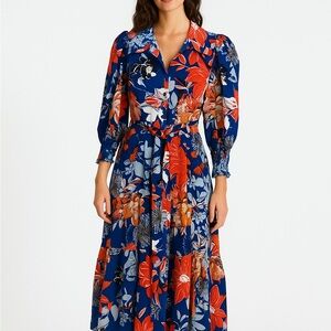 Blue and Floral Print Maxi Tiered Dress, Size 1, fits like M